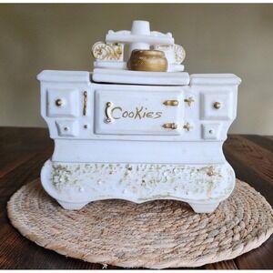McCoy Pottery Cook Stove Cookie Jar Vintage 1960s White Gold Good Wood-Burning